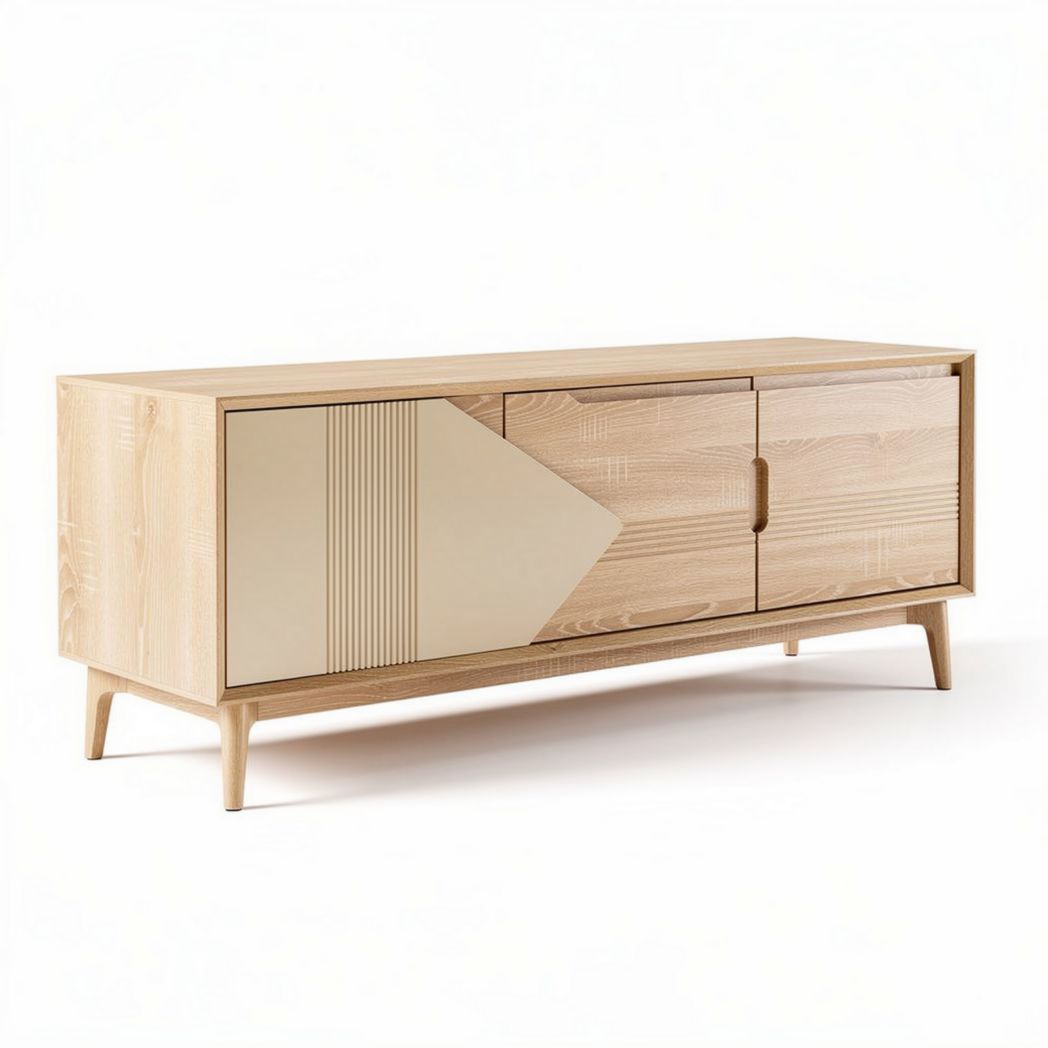 Meuble TV en bois clair de 120 x 40 x 50 cm avec portes en façade décorative