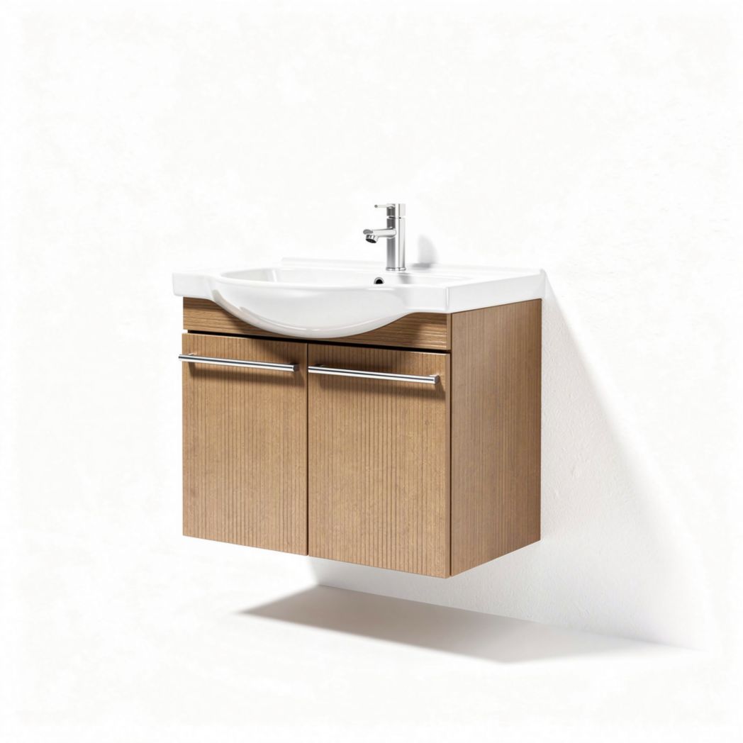 Meuble de salle de bain suspendu avec lavabo en céramique 80 x 50 x 40cm bois clair