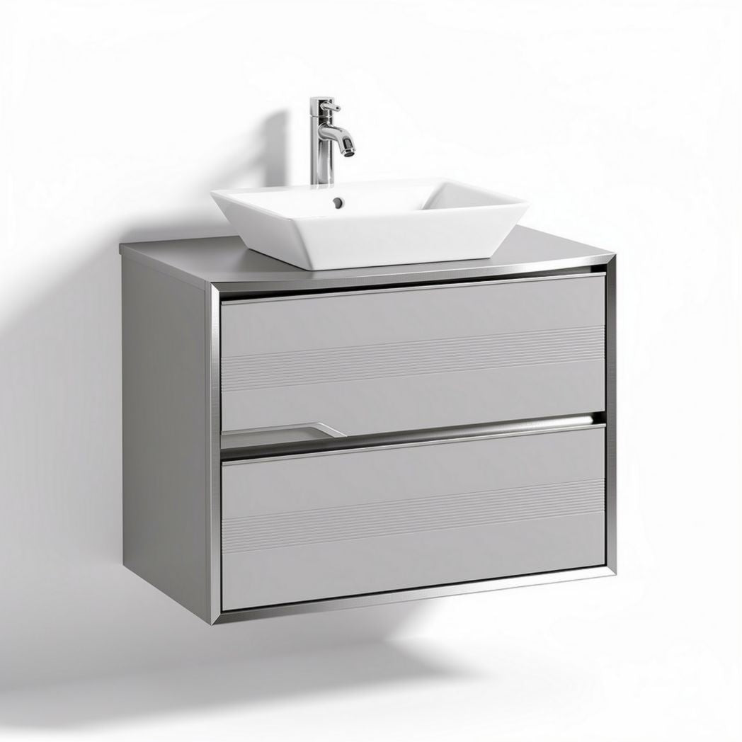 Meuble de salle de bain suspendu en métal argenté avec deux tiroirs et vasque carré 80 x 50 x 50cm